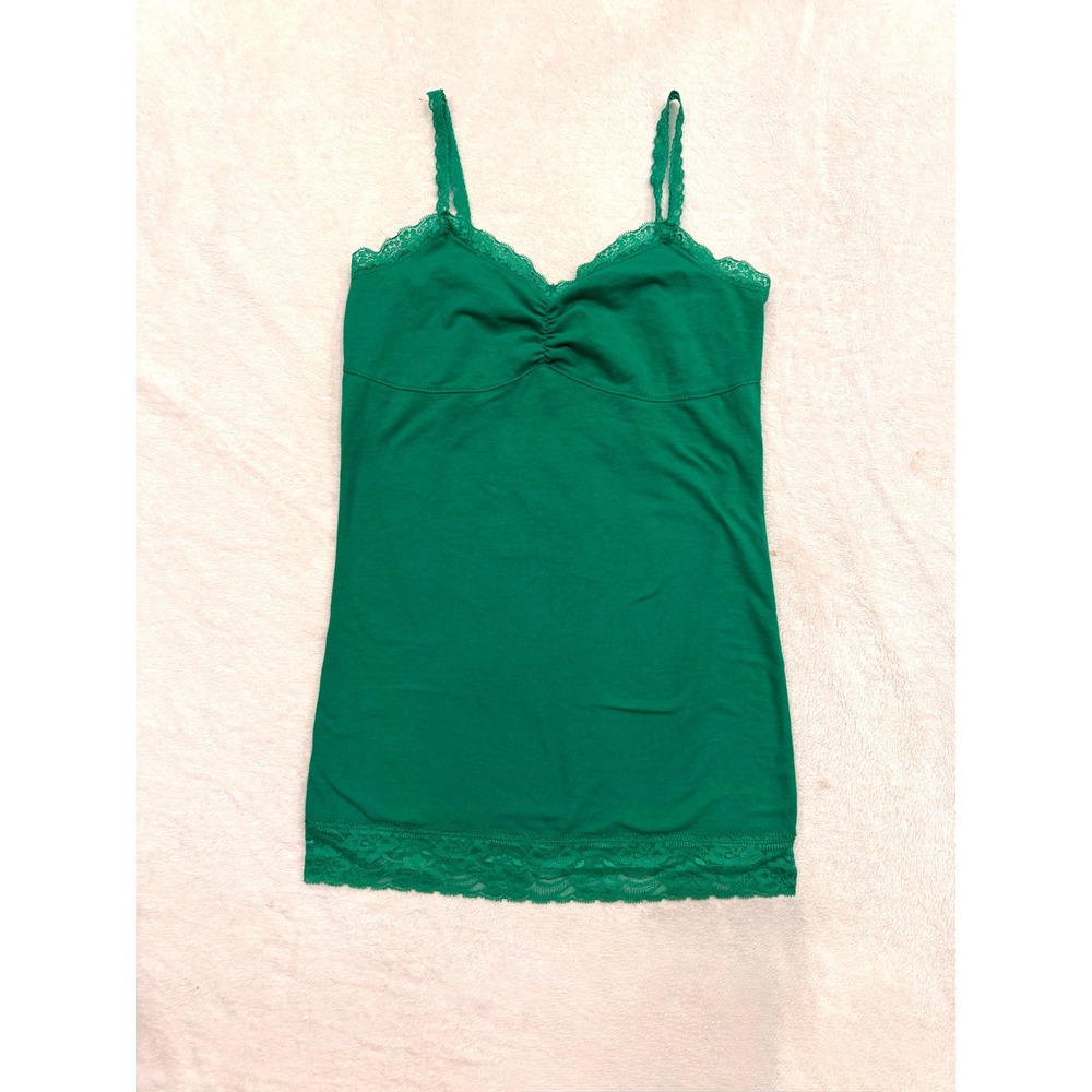 DEB Women‎ Green Lace Trim Y2K Camisole Ruched Bust Cami Top Size M